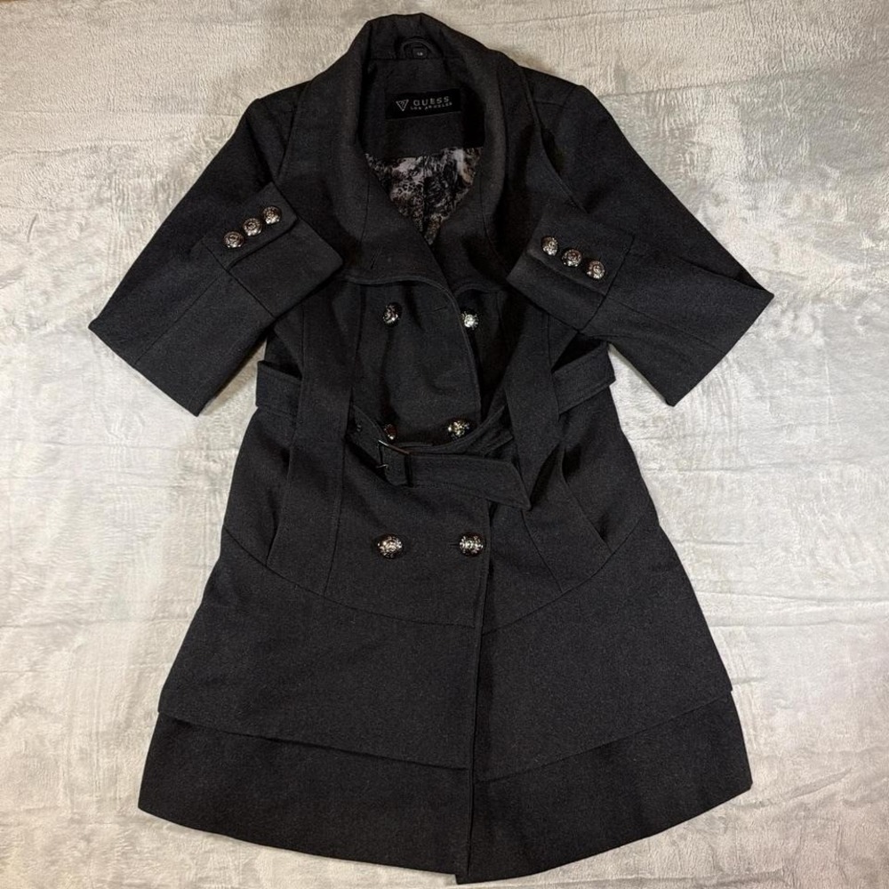 Guess Los Angeles Belted Wool Coat | Decorated Satin Lining | Black | Large